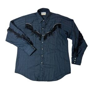 Rockmount mens 17 M dark blue check tassel pearl snap western shirt EUC